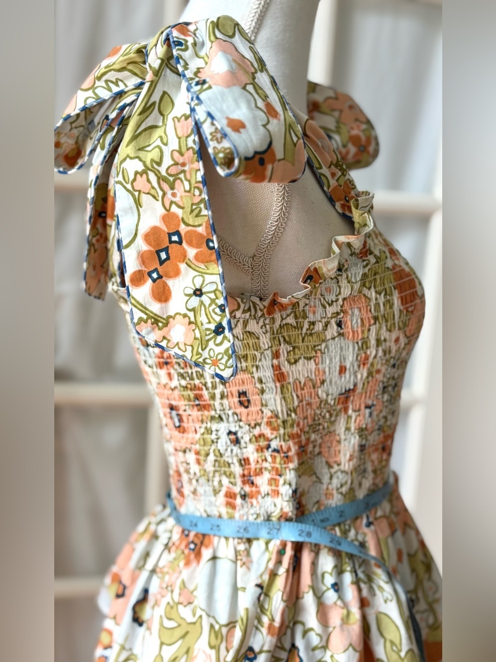Cleobella Floral Smocked Tie Shoulder Tiered Organic Cotton Mini Dress M - Picture 11 of 11